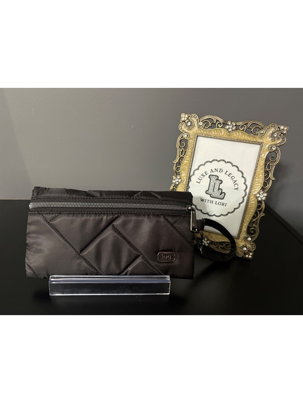 Lug Sway Quilted Pouch Wristlet Metallic Black Plaid Lining